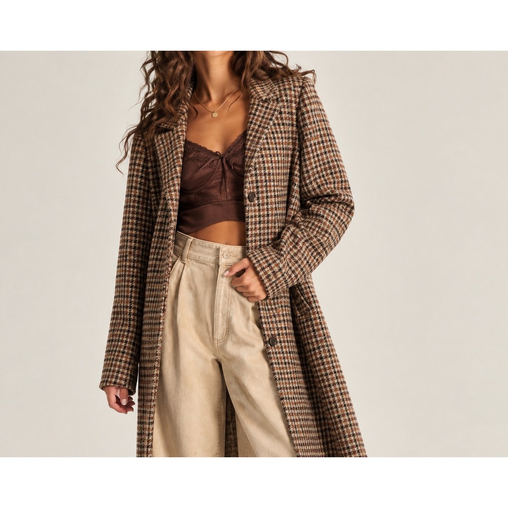 Abercrombie & Fitch Dad Coat XS Brown Black Houndstooth Wool Blend Overcoat